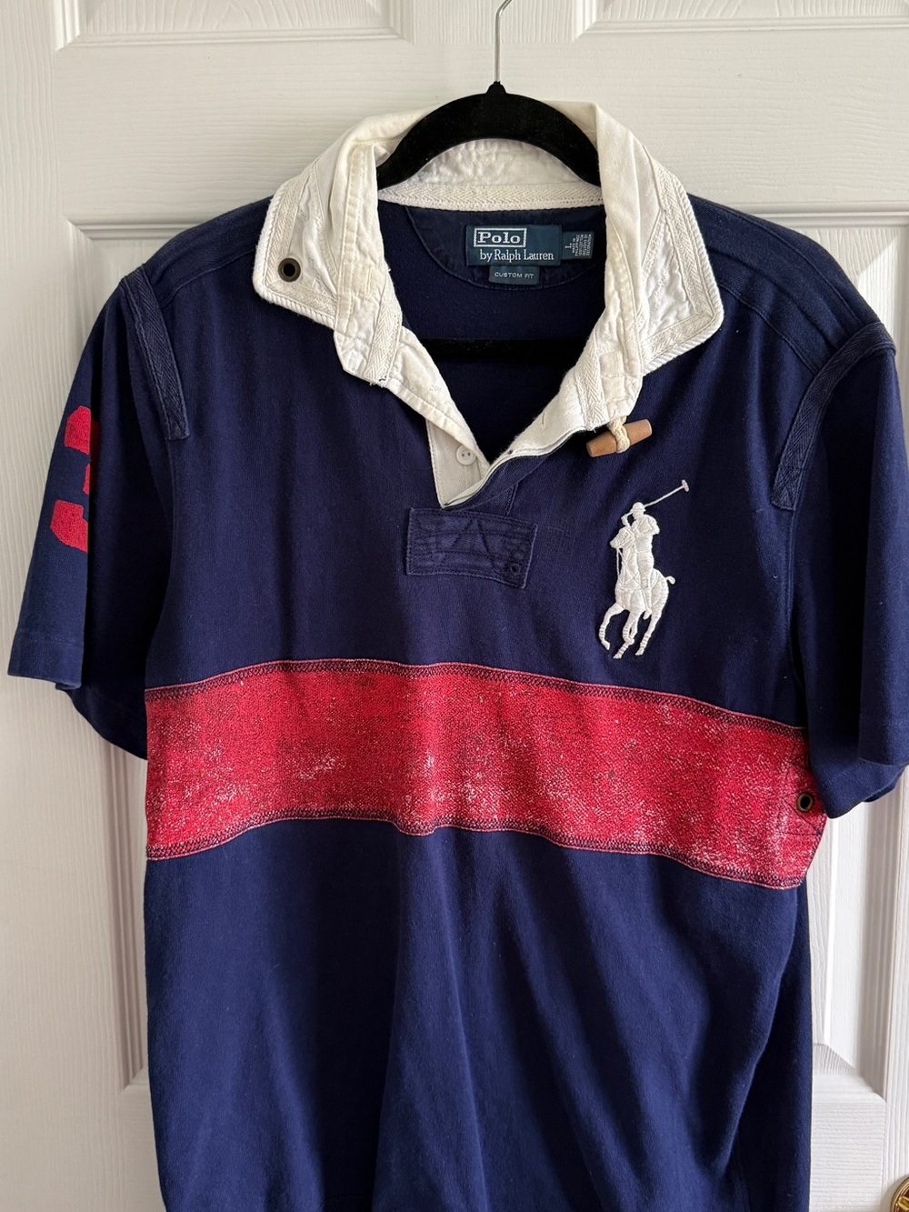 Polo Ralph Lauren Rugby Shirt Navy Red Distressed Big Pony L